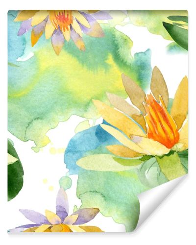 Beautiful yellow lotus flowers isolated on white. Watercolor background illustration. Watercolour drawing fashion aquarelle. Seamless background pattern.