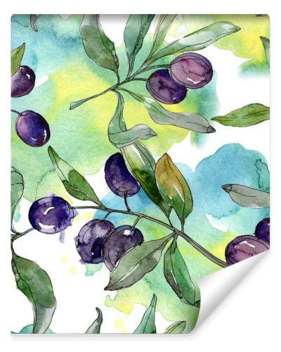 Black olives on branches with green leaves. Botanical garden floral foliage. Watercolor background illustration. Seamless background pattern. Fabric wallpaper print texture.