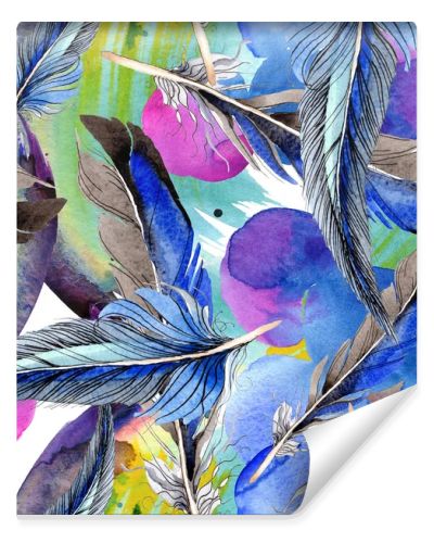 Bird feathers from wing. Watercolor background illustration set. Seamless background pattern. Fabric wallpaper print texture.