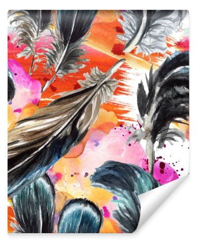 Blue and black bird feathers from wing. Watercolor background illustration set. Seamless background pattern.