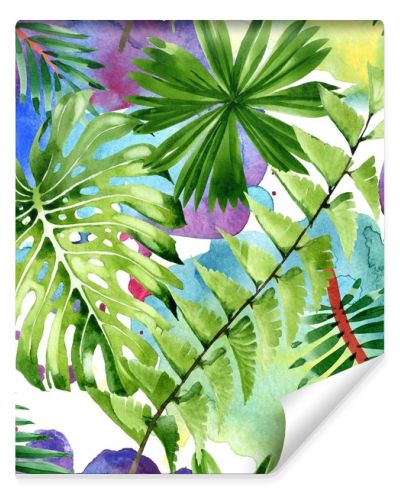 Palm beach tree leaves jungle botanical. Watercolor background illustration set. Seamless background pattern.