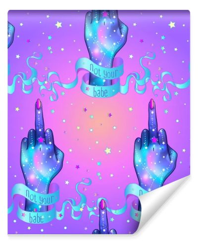 Female hand showing middle finger, galaxy inside. Seamless pattern. Occult design vector illustration in pink pastel goth colors isolated on white. Sticker, patch, poster graphic design.