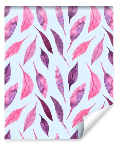 Seamless watercolor pattern with pink and fiolet leaves on a light blue background.