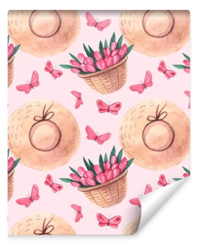 Seamless watercolor pattern with tulips in a basket and hats