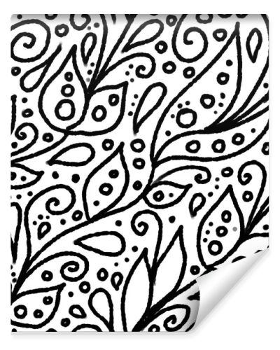 Hand-drawn black and white abstract floral seamless pattern. One color outline texture on white background consists of leaves, circles, dots, swirls and drops. Wrapping paper, scrapbooking, textile.