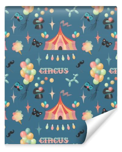 Seamless pattern of hand drawn circus elements and attributes of amusement park (circus tent, air balloons, ice cream, fun masks), illustration on dark blue background