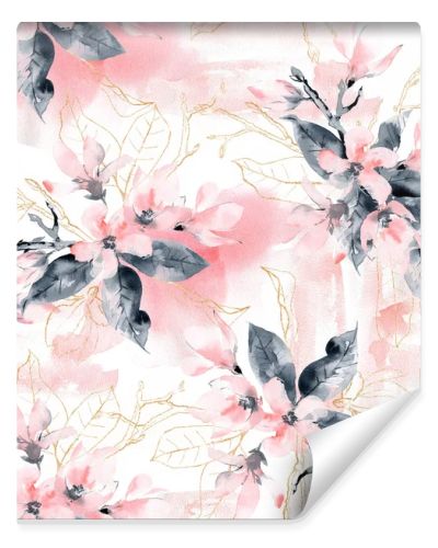 Seamless pattern with flowers and leaves. Pink magnolia flowers 