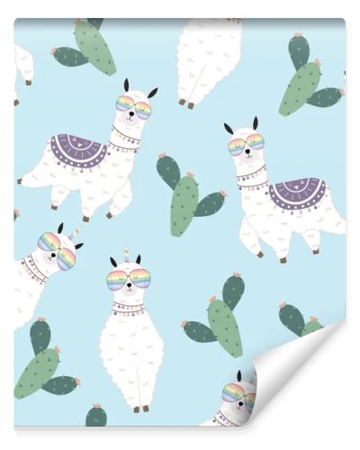 Blue hand drawn cute seamless pattern with llama, glasses,cactus in summer