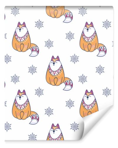 Christmas seamless pattern with cute fox. Childhood vector background in ethnic style.