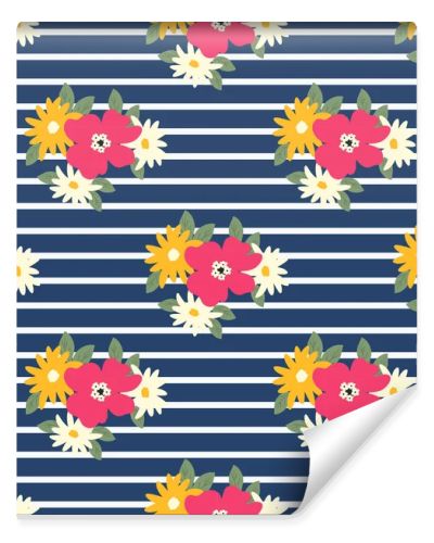 Floral pattern on a blue striped background. Seamless sample with white, pink and yellow flowers. Vector illustration