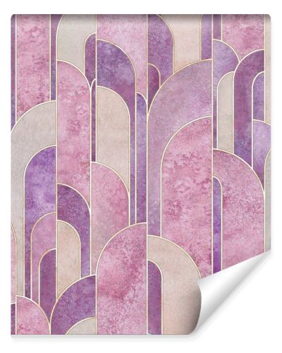 Art deco style abstract geometric forms seamless pattern background. Watercolor hand drawn multicolor purple elements and golden lines texture. Watercolour print for textile, wallpaper, wrapping paper