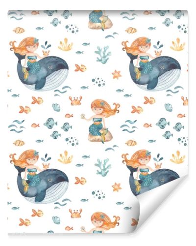 Cute mermaid girl on a whale, stone, fish, crab, corals, shells on a white background Watercolor seamless pattern