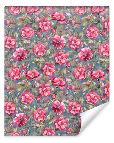 Floral seamless pattern with branches of pink roses woven into an ornament. Watercolor illustration with pink roses background.