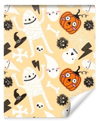 Halloween mummy and pumpkins seamless ghost and bones and skulls and monsters pattern for wrapping paper and kids clothes print and fabrics and linens and fashion textiles. High quality illustration