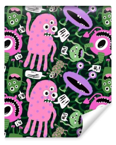Cartoon doodle monsters seamless aliens and animals pattern for wrapping paper and fabrics and kids clothes print and linens and packaging. High quality illustration