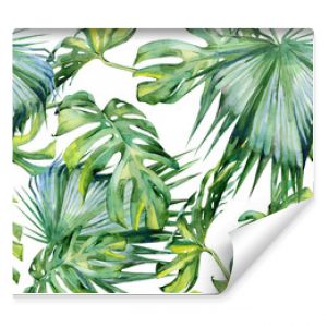 Seamless watercolor illustration of tropical leaves, dense jungle. Hand painted. Banner with tropic summertime motif may be used as background texture, wrapping paper, textile or wallpaper design.