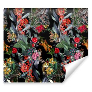 Seamless floral background scarf art abstract design textile. seamless beautiful artistic bright tropical pattern with exotic forest. Colorful Fabric Flower pattern. Beautiful vintage Floral