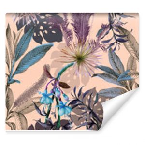 Seamless floral background scarf art abstract design textile. seamless beautiful artistic bright tropical pattern with exotic forest. Colorful Fabric Flower pattern. Beautiful vintage Floral