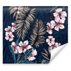 Seamless floral background scarf art abstract design textile. seamless beautiful artistic bright tropical pattern with exotic forest. Colorful Fabric Flower pattern. Beautiful vintage Floral