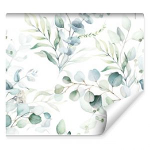 Seamless watercolor floral pattern - green leaves and branches composition on white background, perfect for wrappers, wallpapers, postcards, greeting cards, wedding invitations, romantic events.