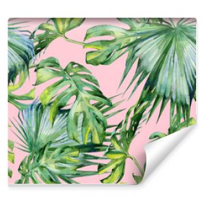 Seamless watercolor illustration of tropical leaves, dense jungle. Hand painted. Banner with tropic summertime motif may be used as background texture, wrapping paper, textile or wallpaper design.