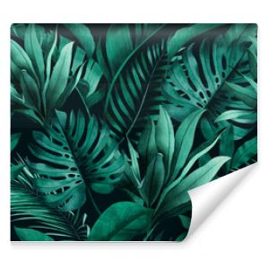 Tropical seamless pattern with exotic monstera, banana and palm leaves on dark background.