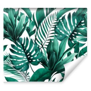 Tropical seamless pattern with exotic monstera, banana and palm leaves on white background.