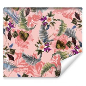 Seamless floral background scarf art abstract design textile. seamless beautiful artistic bright tropical pattern with exotic forest. Colorful Fabric Flower pattern. Beautiful vintage Floral