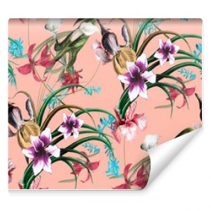 Seamless floral background scarf art abstract design textile. seamless beautiful artistic bright tropical pattern with exotic forest. Colorful Fabric Flower pattern. Beautiful vintage Floral