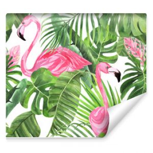 Jungle isolated seamless pattern with tropical leaves, palm monster banana, flamingo on an isolated white background. Fabric wallpaper print texture. Stock illustration.