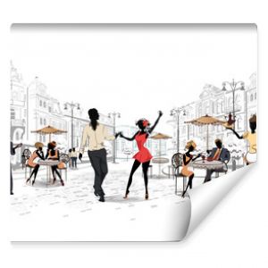 Seria ulic z muzykami i parami tanecznymi na starym mieście Ręcznie rysowana ilustracja wektorowa z budynkami w stylu retro