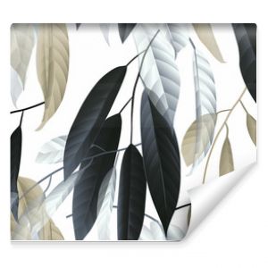 Seamless pattern, black, golden and white long leaves on light grey background