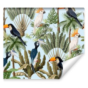 Seamless pattern with exotic trees and wild bird, parrots and toucans. Interior vintage wallpaper.