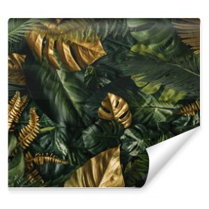 Kreatywne tło natury Złoto i zielone liście palm tropikalnych Minimalny letni abstrakcyjny wzór dżungli lub lasu Biała księga fram