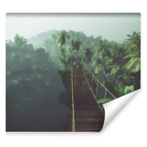 Most linowy w mglistej dżungli z palmami Podświetlany