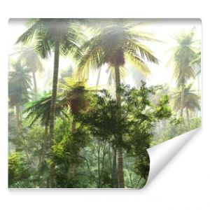 Poranek w dżungli we mgle palmy w panoramie dżungli mgły