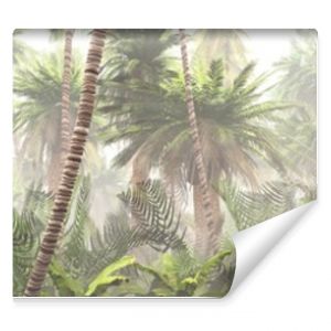 Tropikalna dżungla we mgle Palmy o poranku renderowania 3D