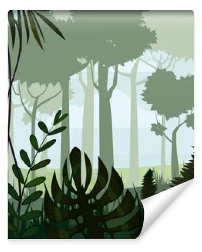 Vector tropical rainforest Jungle landscape background with leaves, fern, isolated, illustrations