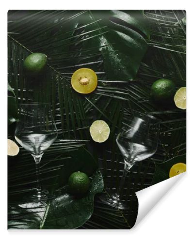 top view of two empty glasses, fresh fruits and green tropical leaves 