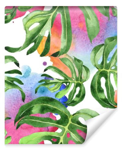 Exotic tropical hawaiian green palm leaves. Watercolor background set. Seamless background pattern.