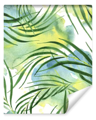 Exotic tropical hawaiian green palm leaves. Watercolor background set. Seamless background pattern.