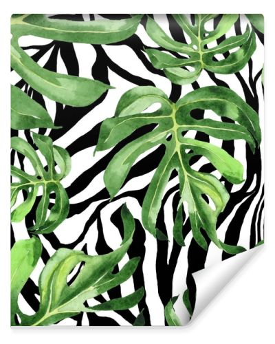 Exotic tropical hawaiian green palm leaves. Watercolor background set. Seamless background pattern.