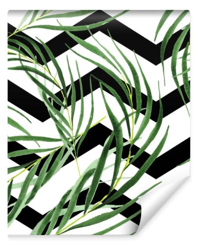 Exotic tropical hawaiian green palm leaves. Watercolor background set. Seamless background pattern.