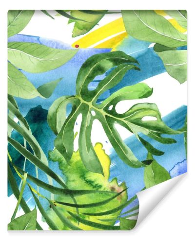 Exotic tropical hawaiian green palm leaves. Watercolor background set. Seamless background pattern.