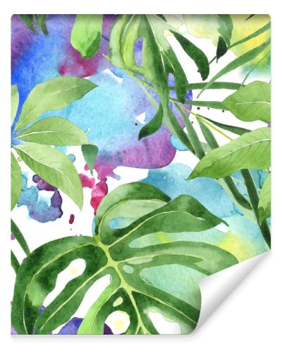 Exotic tropical hawaiian green palm leaves. Watercolor background set. Seamless background pattern.