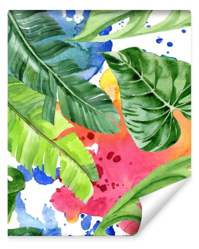 Exotic tropical hawaiian palm tree leaves. Watercolor background illustration set. Seamless background pattern. 