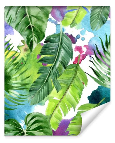 Exotic tropical hawaiian palm tree leaves. Watercolor background illustration set. Seamless background pattern. 