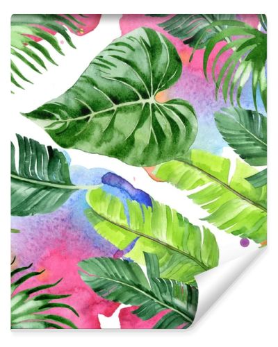 Exotic tropical hawaiian palm tree leaves. Watercolor background illustration set. Seamless background pattern. 
