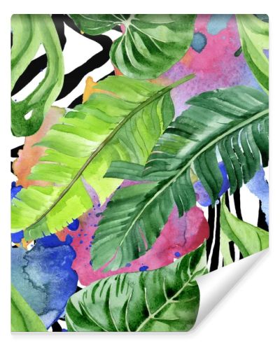 Exotic tropical hawaiian palm tree leaves. Watercolor background illustration set. Seamless background pattern. 