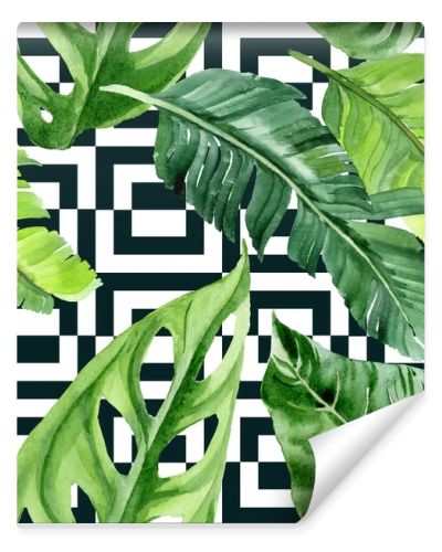Exotic tropical hawaiian palm tree leaves. Watercolor background illustration set. Seamless background pattern. 